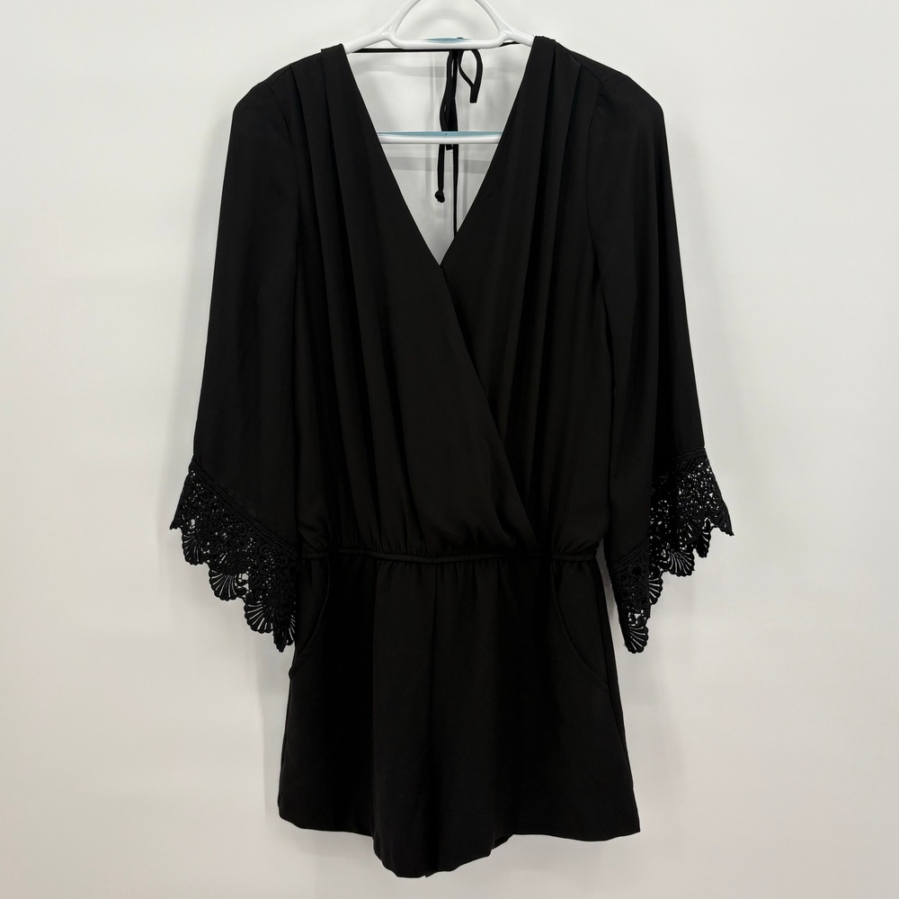 A. Byer Womens Black Crochet Lace Bell Sleeve Romper V-Neck 0092J2R Small